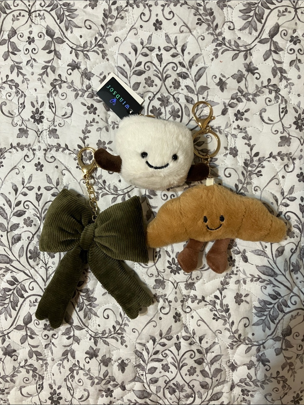 Windsor Cream Marshmallow & Tan Croissant Plush Keychain Set with Olive Bow